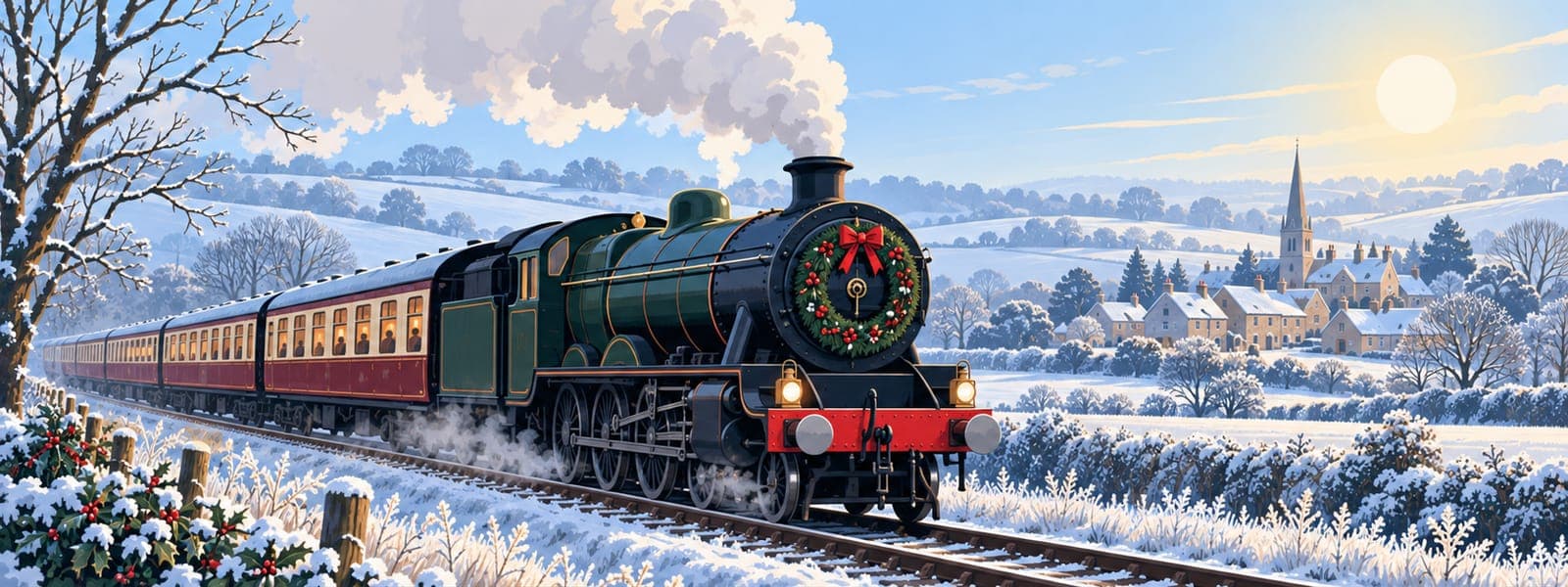 Illustration: A festive steam train with a wreath on a frosty winter morning near a village