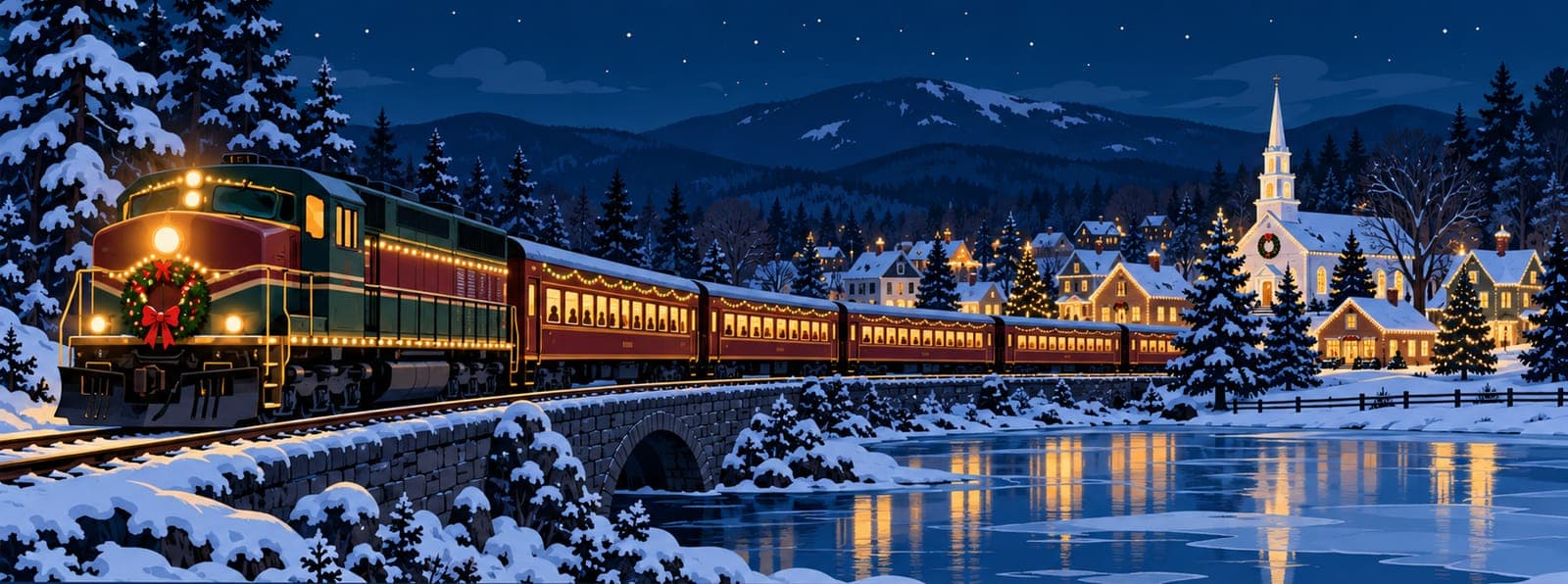 Illustration: A lit holiday train passing a snowy village with a white church beside a frozen lake