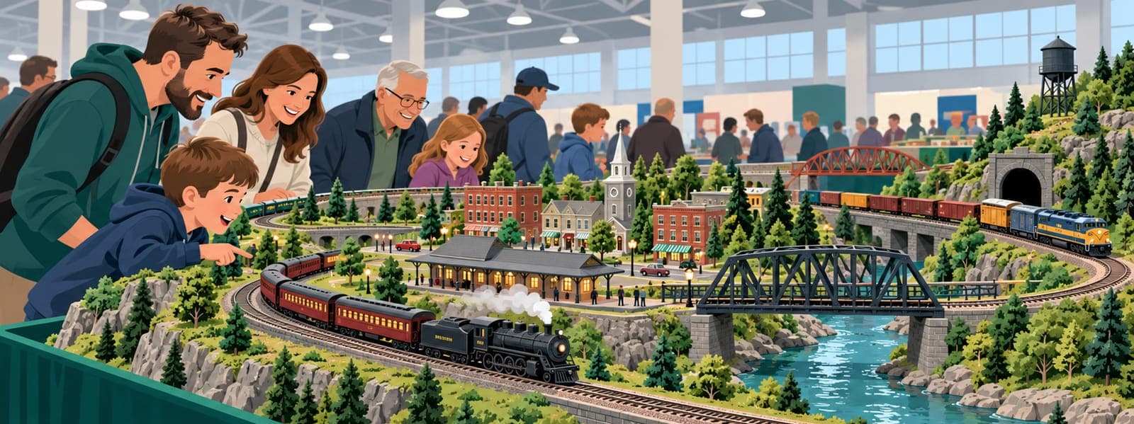 Illustration: Families watching a large model railway layout at an exhibition hall
