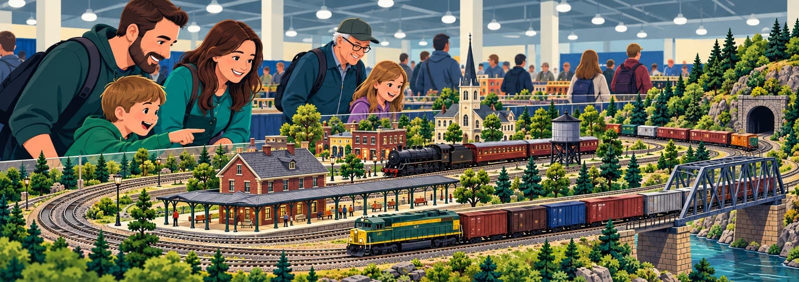 Illustration: Visitors admiring a detailed model railway layout with a station and a bridge