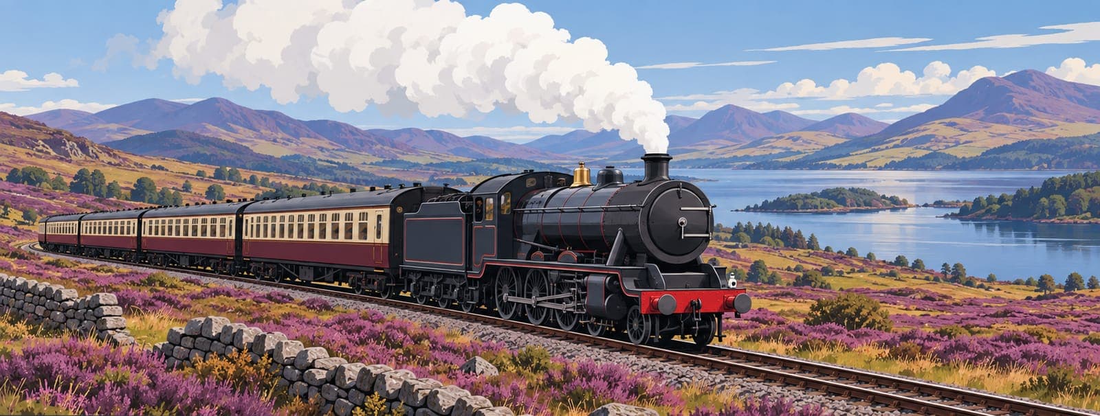 Illustration: A steam train crossing heather moorland beside a loch