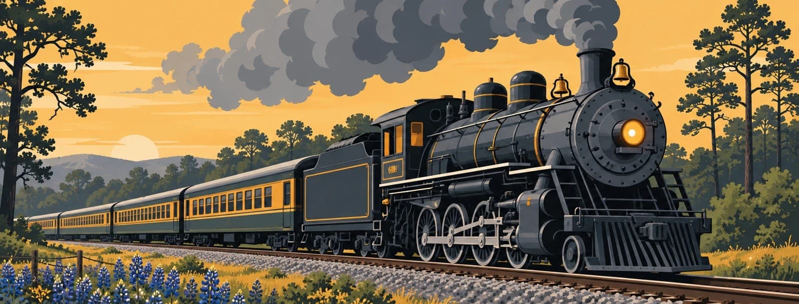 Illustration: A steam locomotive in a pine forest at golden hour, with wildflowers by the track