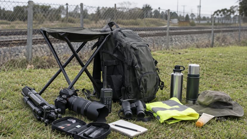 A complete railfan day kit set out on the grass at a public viewing area behind a railway fence: folding stool, camera backpack, camera with telephoto zoom, travel tripod, radio scanner, binoculars, high-visibility vest, water bottle, thermos, sun hat, sunscreen, notebook, spare batteries and memory cards