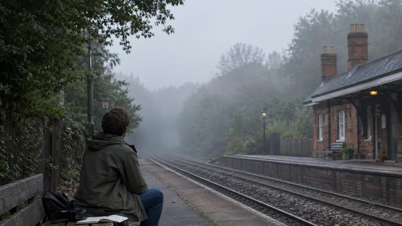 A person seen from behind on a bench at a quiet country station, camera and open notebook beside them, looking along empty tracks that fade into morning mist