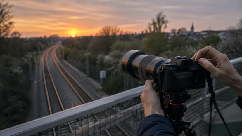Hands adjusting a mirrorless camera with a telephoto lens on a tripod, on a footbridge above a curving double-track railway at sunset
