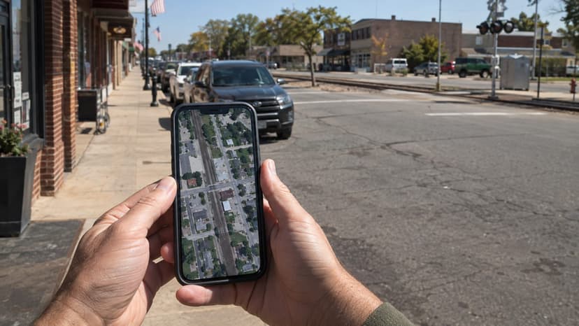 Hands holding a phone showing a satellite map of a railway through a small town, seen from the sidewalk of the main street, with the track and a crossing signal across the road in midday sun