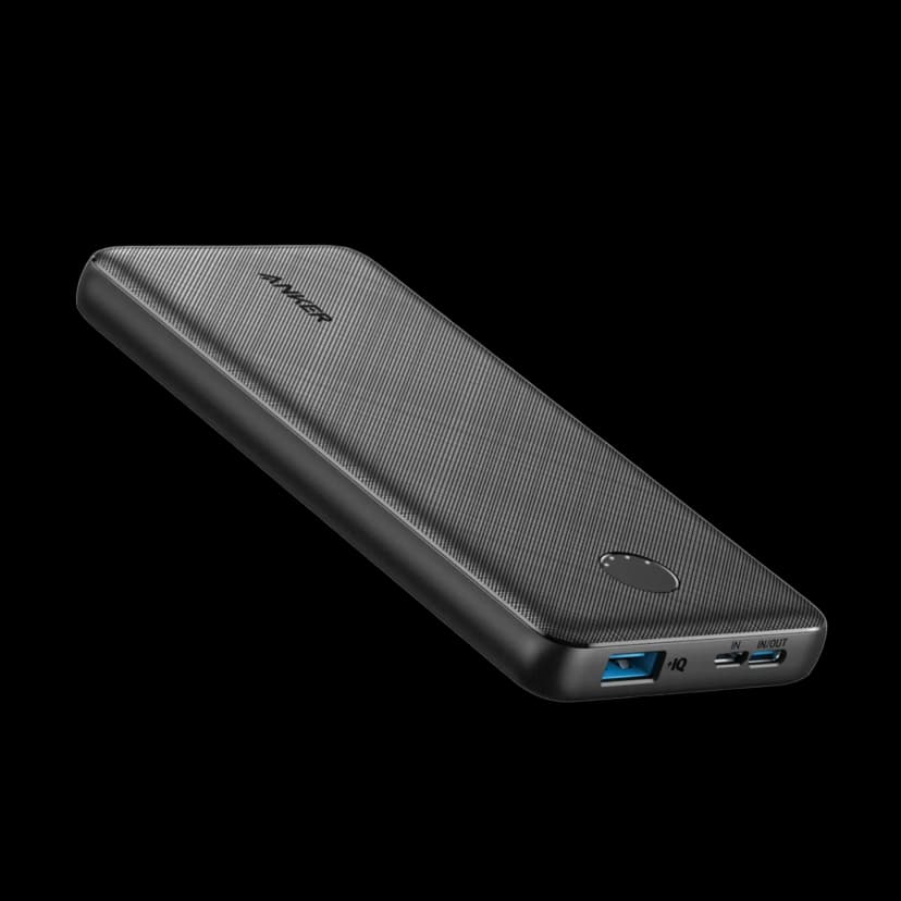 Black slim power bank seen from the side, with a USB-A port and two more ports labeled IN and IN/OUT at one end.