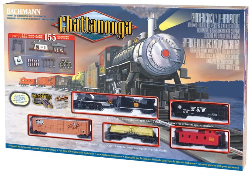 Front of the Chattanooga box showing the locomotive and four cars, a label reading set contains 155 pieces and the E-Z Track System logo.