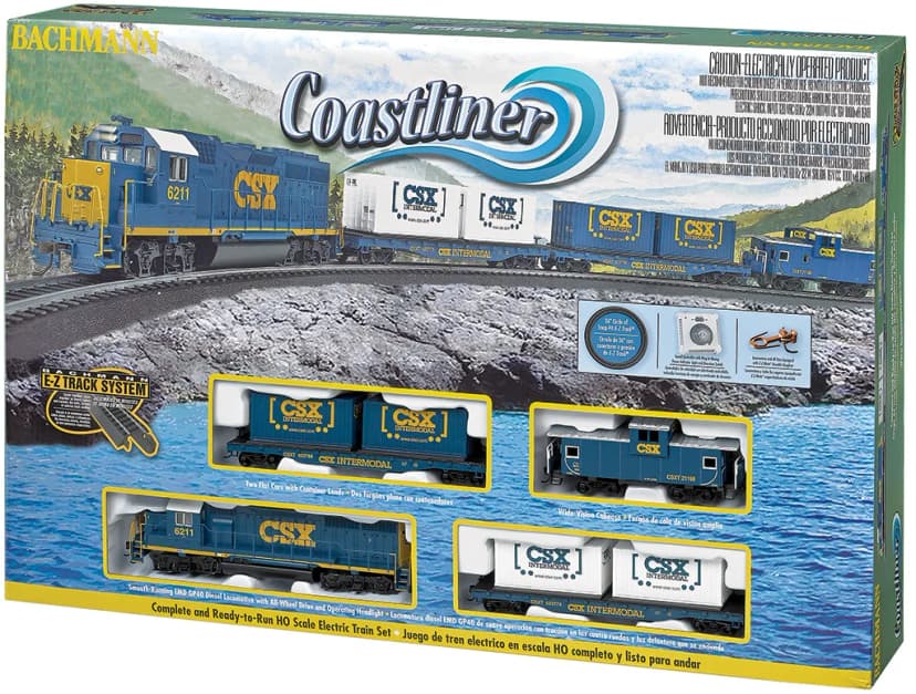 Retail box of the Bachmann Coastliner HO train set, showing the CSX locomotive, container flat cars and caboose on a shoreline scene, with small pictures of each piece in the set.
