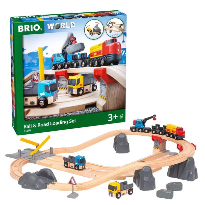 BRIO World Rail & Road Loading Set 33210 box with the assembled layout in front