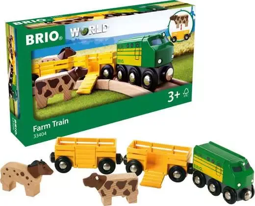 BRIO World Farm Train box with the green engine, two yellow wagons and two wooden animals