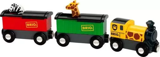 Yellow toy engine with a giraffe-style pattern pulling a green wagon with a giraffe and a red wagon with a zebra