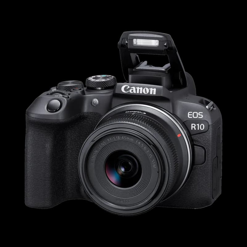 Canon EOS R10 with RF-S18-45mm lens and flash raised
