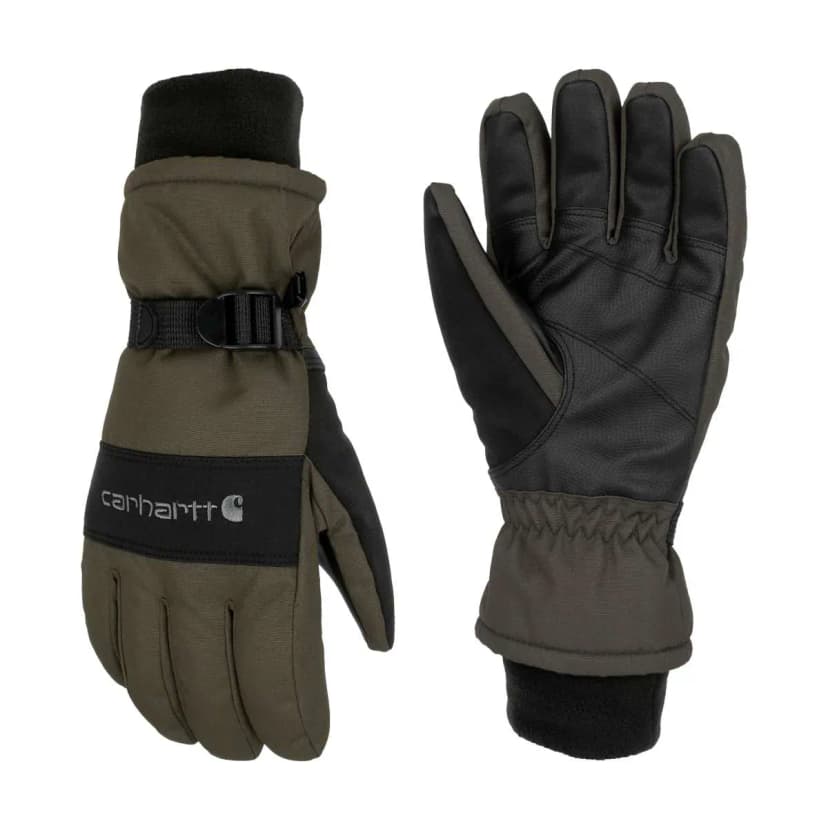 Carhartt waterproof insulated knit cuff glove, back of the hand with wrist strap and palm view