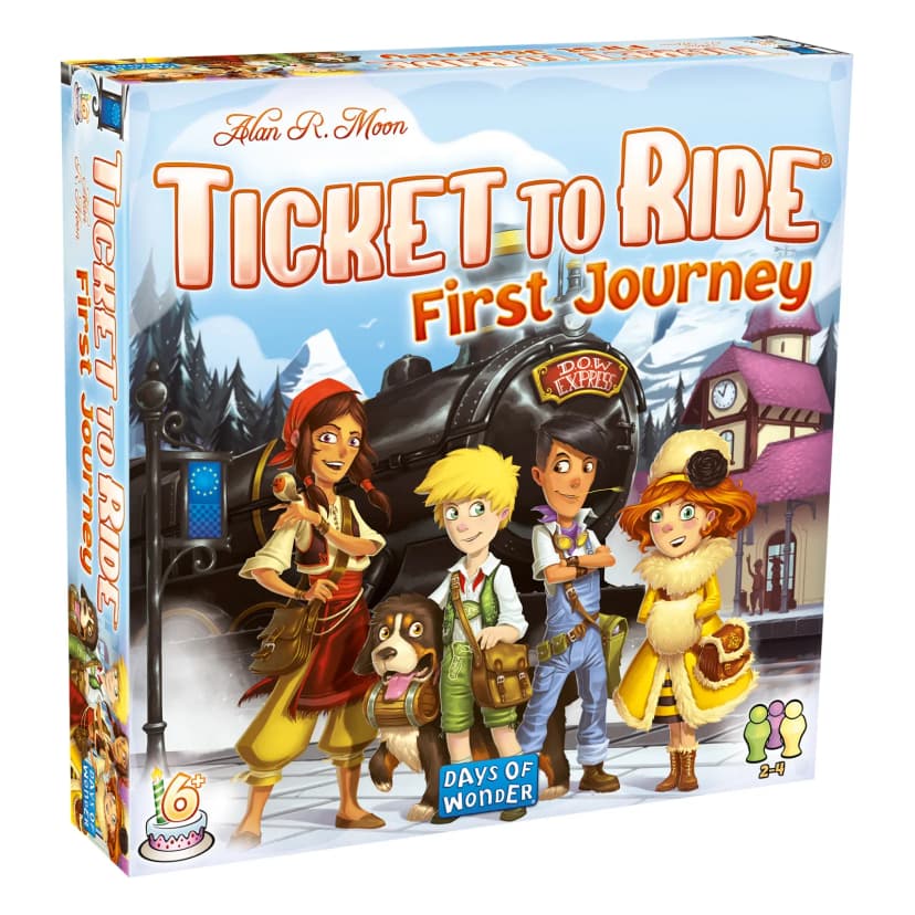 Ticket to Ride: First Journey Europe board game, front of box with a train and children