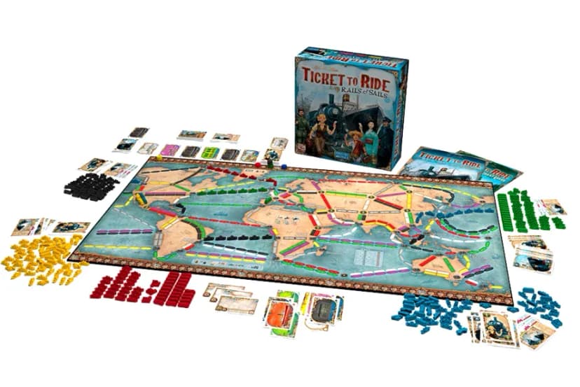 Ticket to Ride: Rails & Sails box with board and components laid out