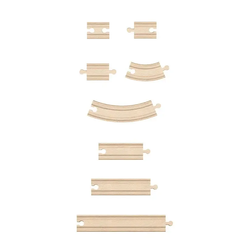 Eight light wooden railway track pieces of different lengths, straight and curved, laid out on a white background.