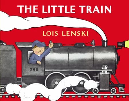 Front cover of the board book The Little Train by Lois Lenski, showing a man in a blue cap waving from the cab of a black steam locomotive numbered 289 on a red background.