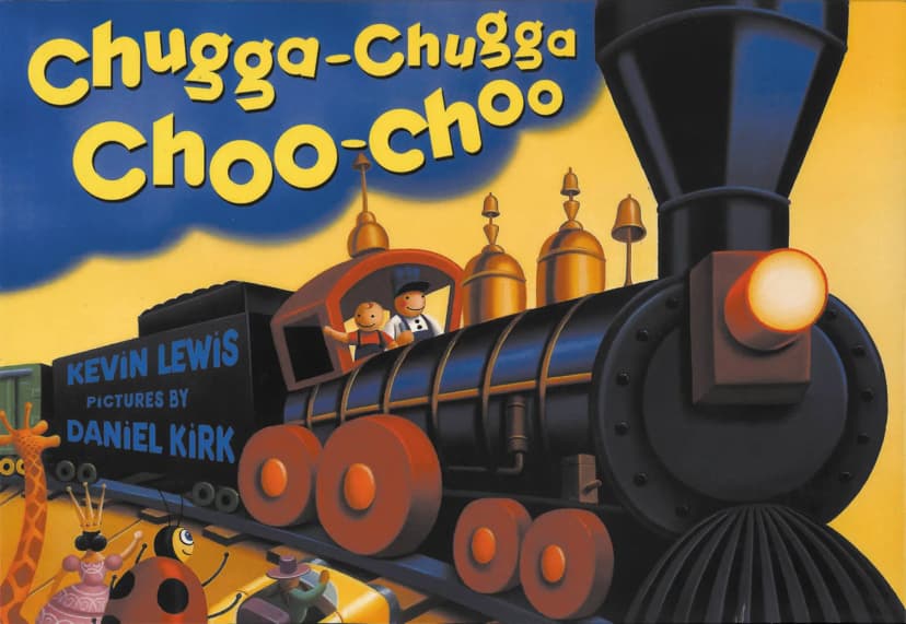 Cover of Chugga-Chugga Choo-Choo: a black steam locomotive with two figures in the cab