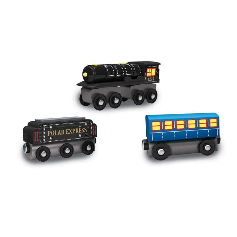 The Polar Express 3-piece toy train set: steam engine, hopper car and passenger car