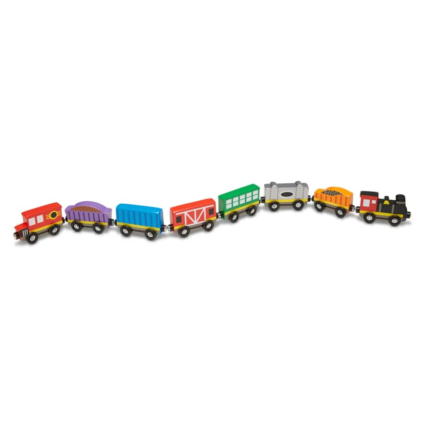 Eight painted wooden train cars linked in a line on a white background: a red caboose, purple, blue, red and green cars, a silver tank car, an orange car and a black and red steam engine.