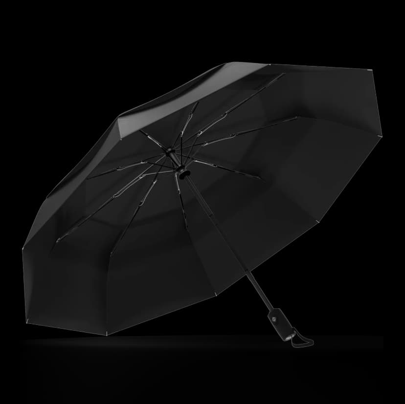 Black compact automatic umbrella open, seen from underneath with its ribs and handle visible