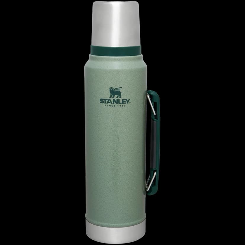Stanley Classic Legendary Bottle 1.1 qt in Hammertone Green, front view with side handle